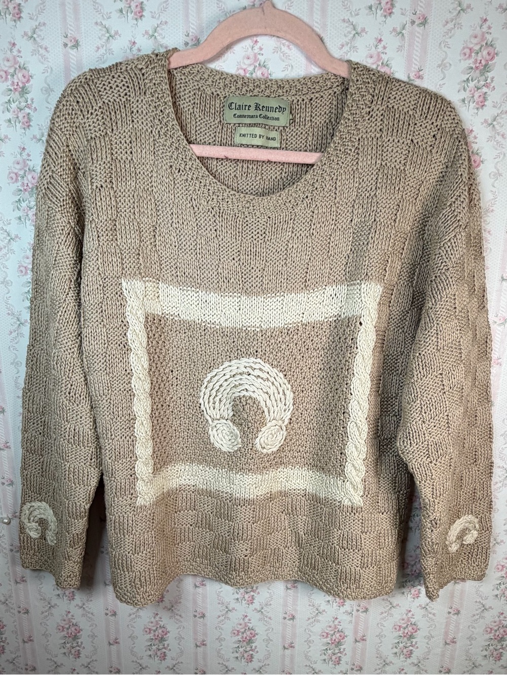 Claire Kennedy Connemara Hand Knit Sweater Cream Rainbow Cable Vintage M/L